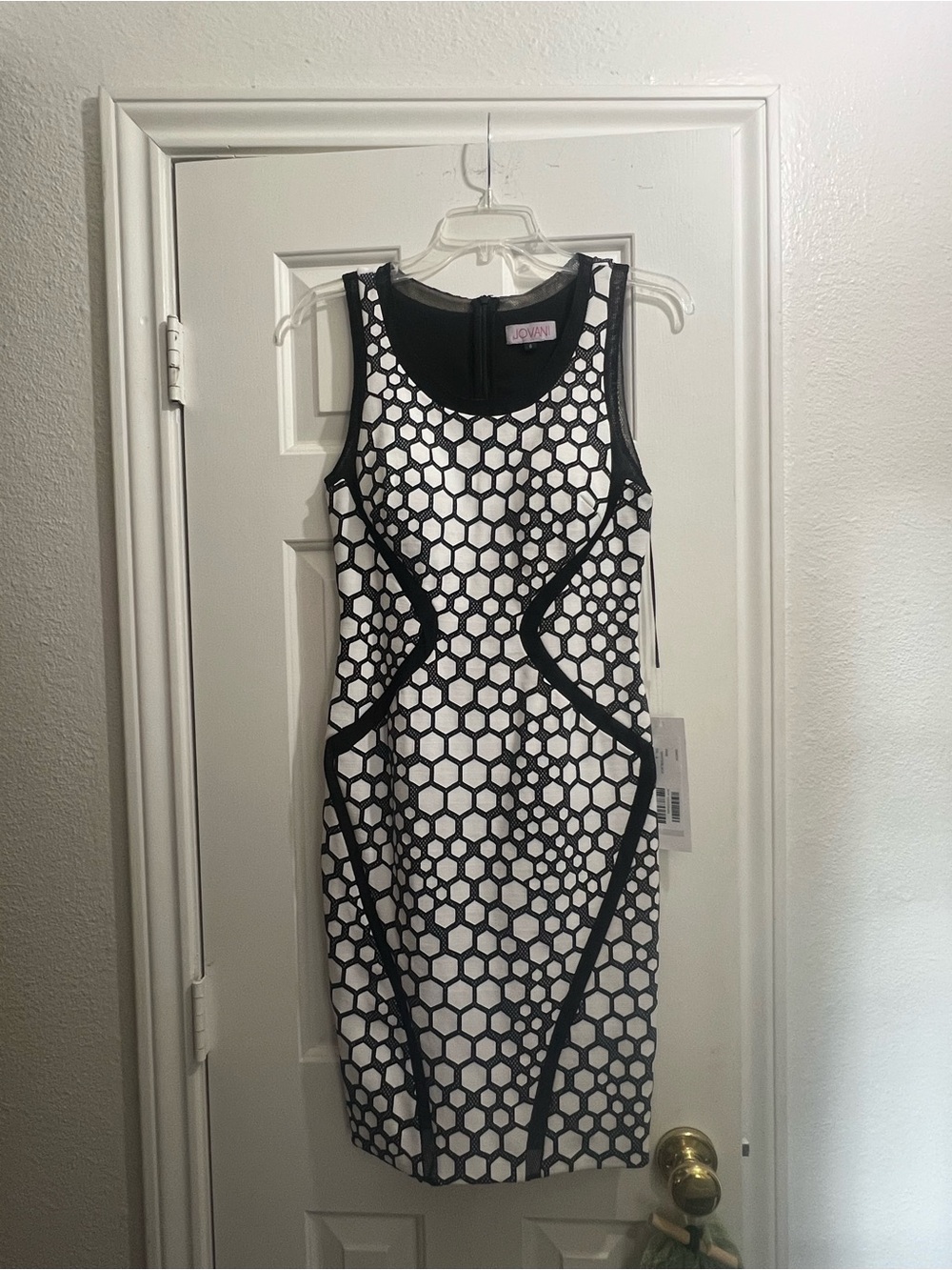 Brand New Jovani Black and White Hexagon Sheath Dress